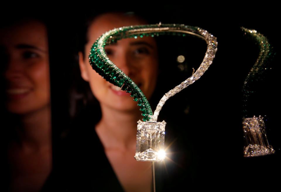 The Art of de Grisogono, a necklace suspending a 163.41-carat, D color, flawless, IIA type diamond (REUTERS/Denis Balibouse)