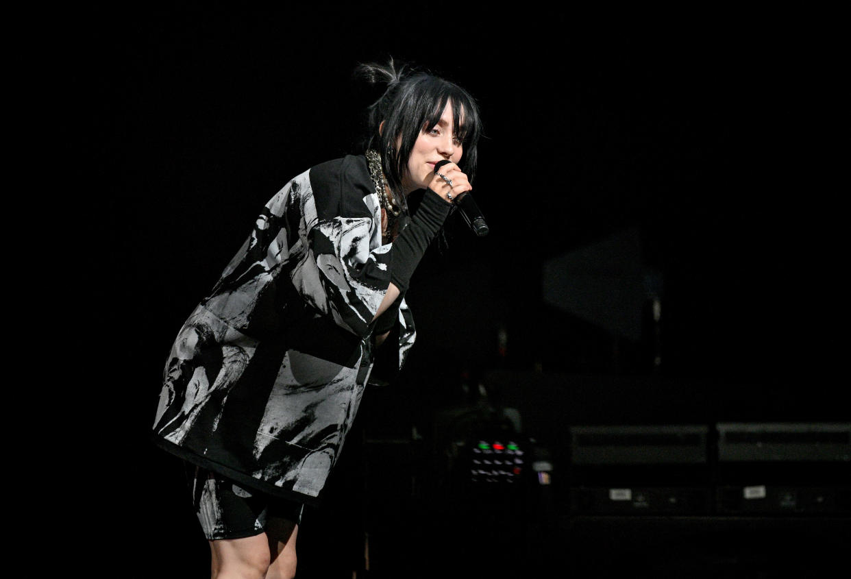 LONDON, ENGLAND - JUNE 10: Billie Eilish performs on stage during her Happier Than Ever World Tour, at The O2 Arena on June 10, 2022 in London, England. (Photo by Samir Hussein/Getty Images for Live Nation UK)