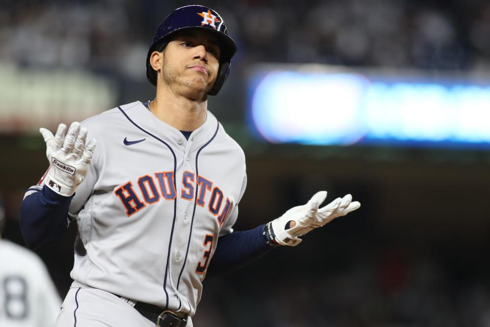 Houston Astros shortstop Jeremy Pena rounds the bases after hitting a three-run home run against the New York Yankees third inning during Game 4 of the ALCS.