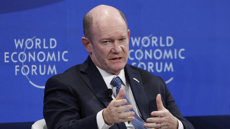 PHOTO: Senator Chris Coons during a panel session on the opening day of the World Economic Forum (WEF) in Davos, Switzerland, Jan. 16, 2024. ( Stefan Wermuth/Bloomberg via Getty Images, FILE)