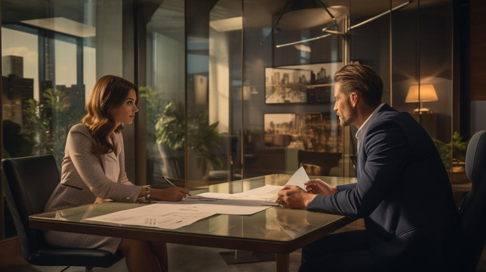 A woman discussing her mortgage plan with a banker in the office of the bank. 