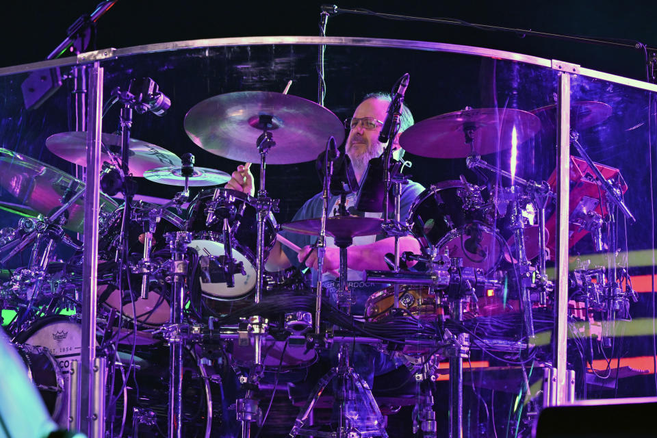 Jon Fishman, drummer for the band Phish, rehearses before the group's four night engagement at the Sphere on Tuesday, April 16, 2024, in Las Vegas. (AP Photo/David Becker)