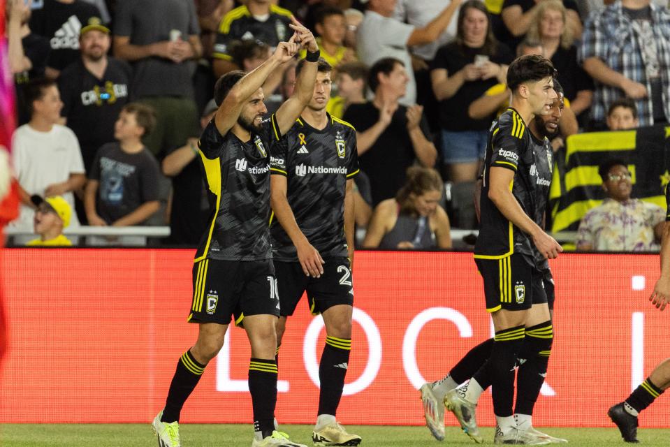 Sep 21, 2024; Columbus, Ohio, USA; Columbus Crew forward Diego Rossi (10) celebrates his goal in the first half against Orlando City at Lower.com Field. Mandatory Credit: Trevor Ruszkowski-Imagn Images