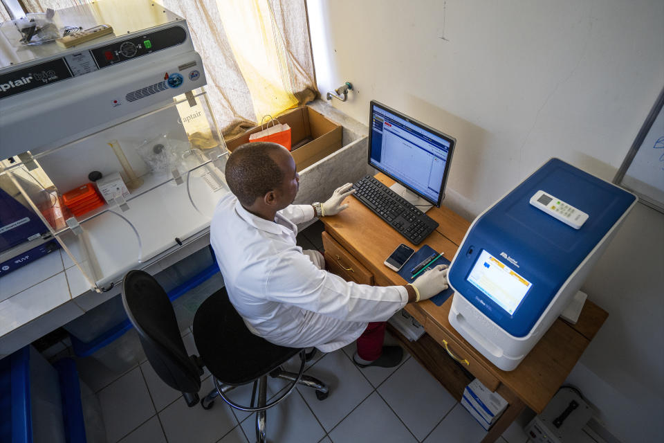 A lab technician tests a sample of elephant dung from Gabon's Pongara National Park for DNA in Libreville, on March 11, 2020. Gabon holds about 95,000 African forest elephants, according to results of a survey by the Wildlife Conservation Societyand the National Agency for National Parks of Gabon, using DNA extracted from dung. Previous estimates put the population at between 50,000 and 60,000 or about 60% of remaining African forest elephants. (AP Photo/Jerome Delay)