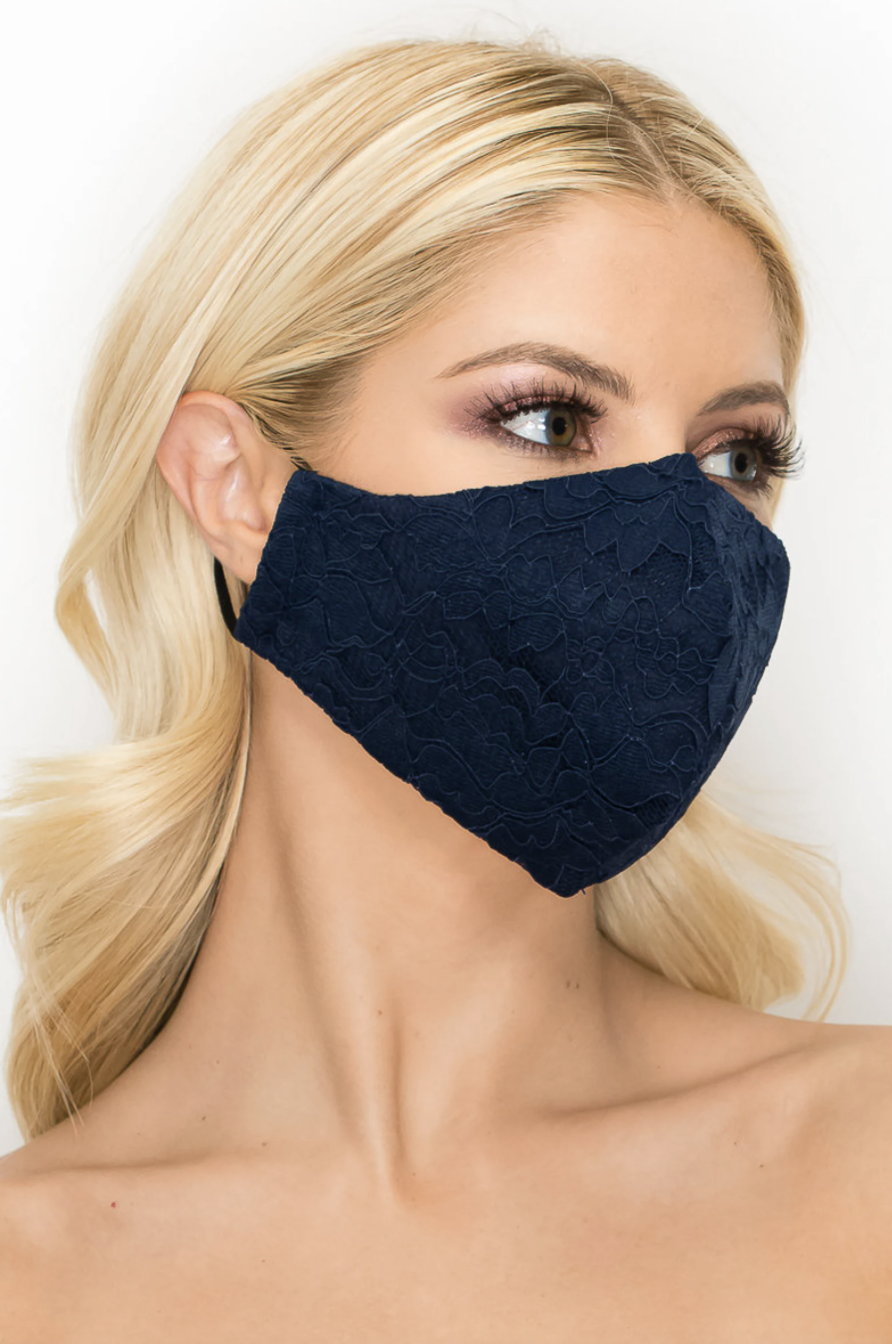 blonde woman posing wearing navy Lace Face Mask