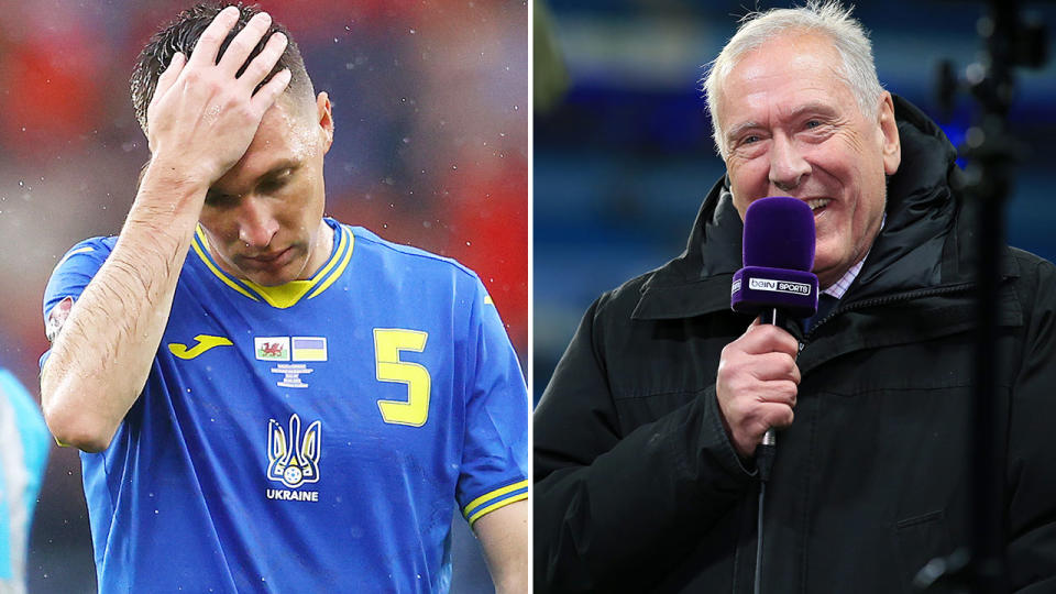 Pictured right, football commentator Martin Tyler and heartbroken Ukraine players on the left.