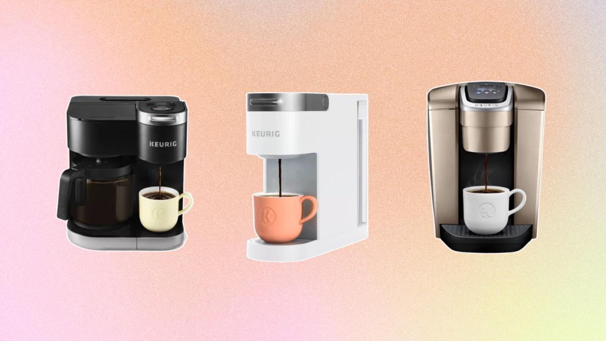  Three different Keurig coffee machines in black, white, and gold all on a pastel gradient background. 