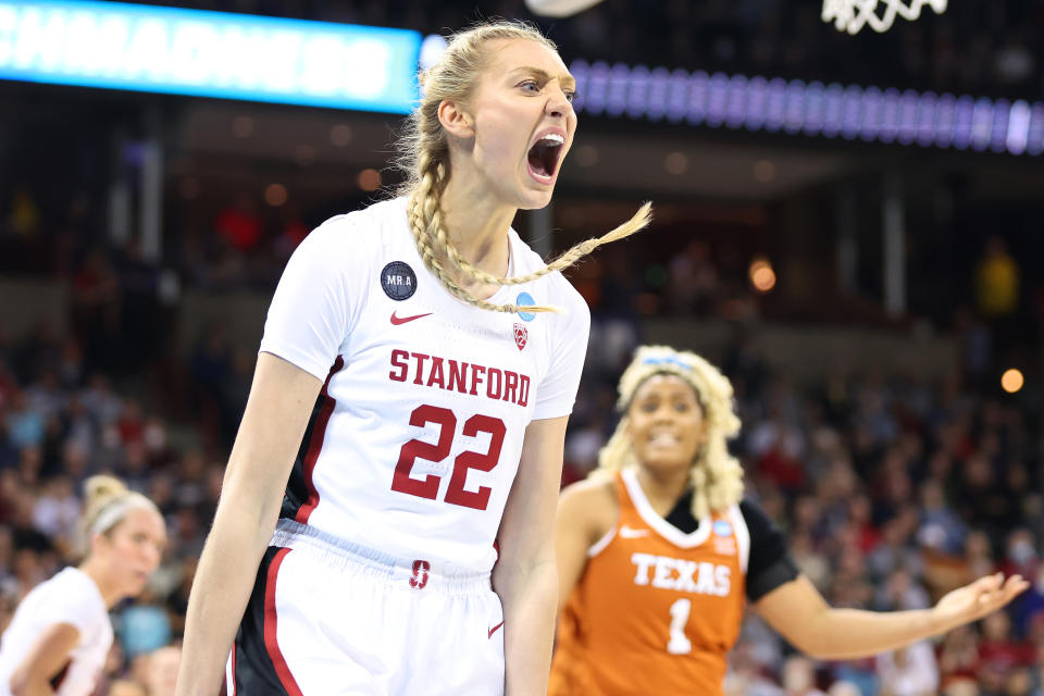 SPOKANE, WASHINGTON - MARCH 27: Cameron Brink #22 of the Stanford Cardinal celebrates during the third quarter against the Texas Longhorns in the NCAA Women's Basketball Tournament Elite 8 Round at Spokane Veterans Memorial Arena on March 27, 2022 in Spokane, Washington. (Photo by Abbie Parr/Getty Images)