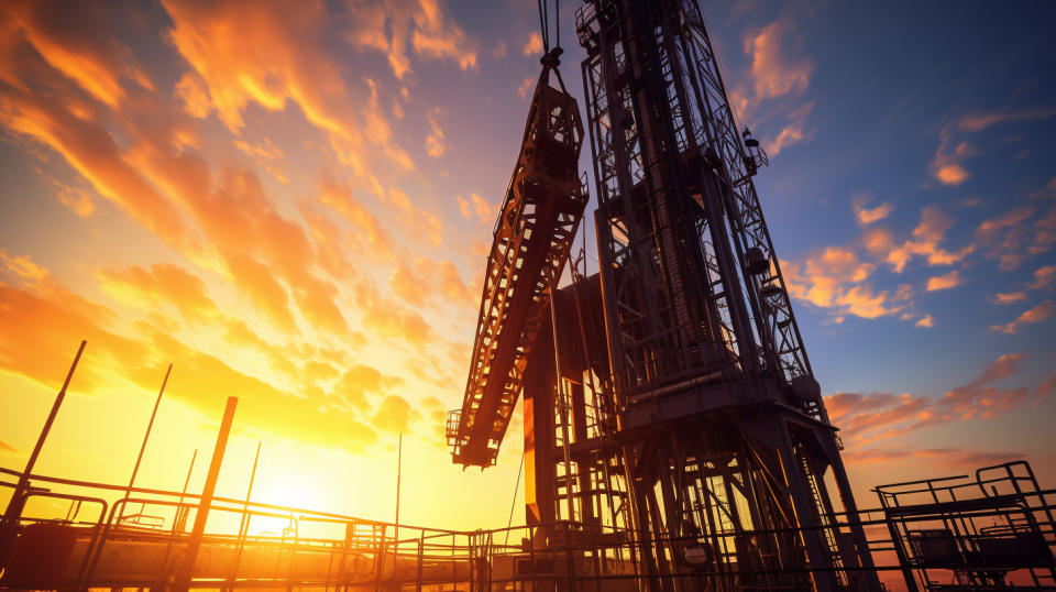 A close-up of a drilling rig with its silhouette against a sunset sky.