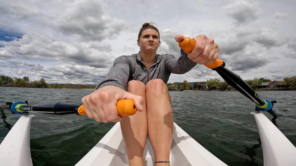 Timberline senior Cailin Bolt practices rowing in a 24-foot scull at Quinn’s Pond in Boise. Bolt will compete for the University of Tennessee this fall.