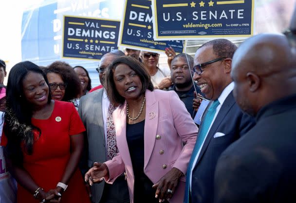 PHOTO: Rep. Val Demings attends a meet and greet event outside of the North Miami Library polling place on October 24, 2022 in North Miami. (Joe Raedle/Getty Images)