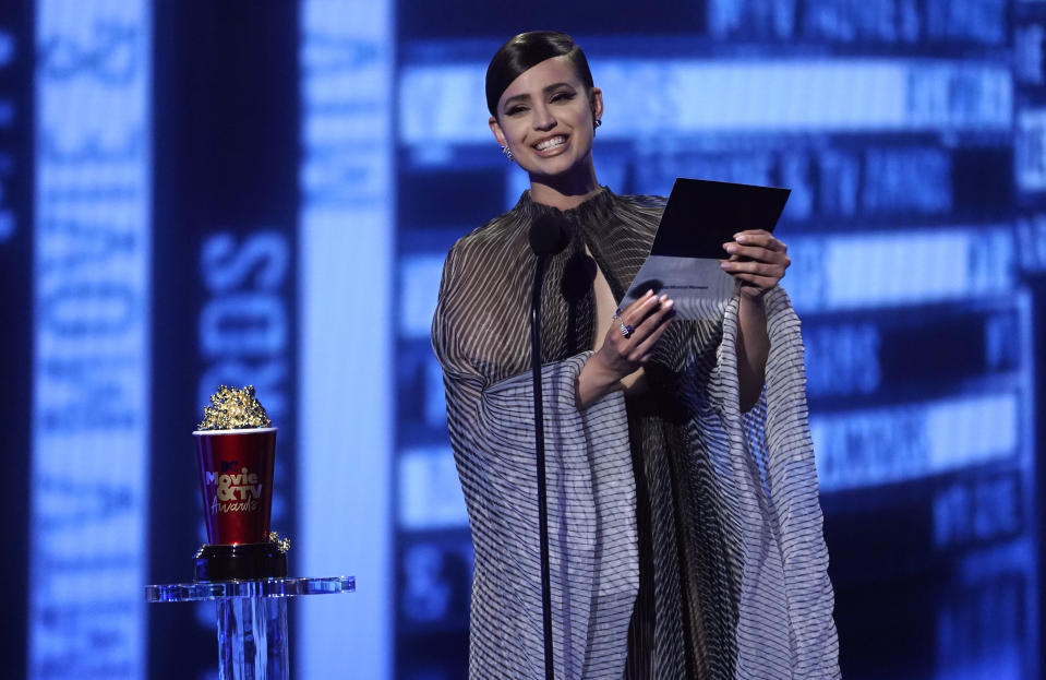 Sofia Carson presents the award for best musical moment at the MTV Movie and TV Awards on Sunday, June 5, 2022, at the Barker Hangar in Santa Monica, Calif. (AP Photo/Chris Pizzello)