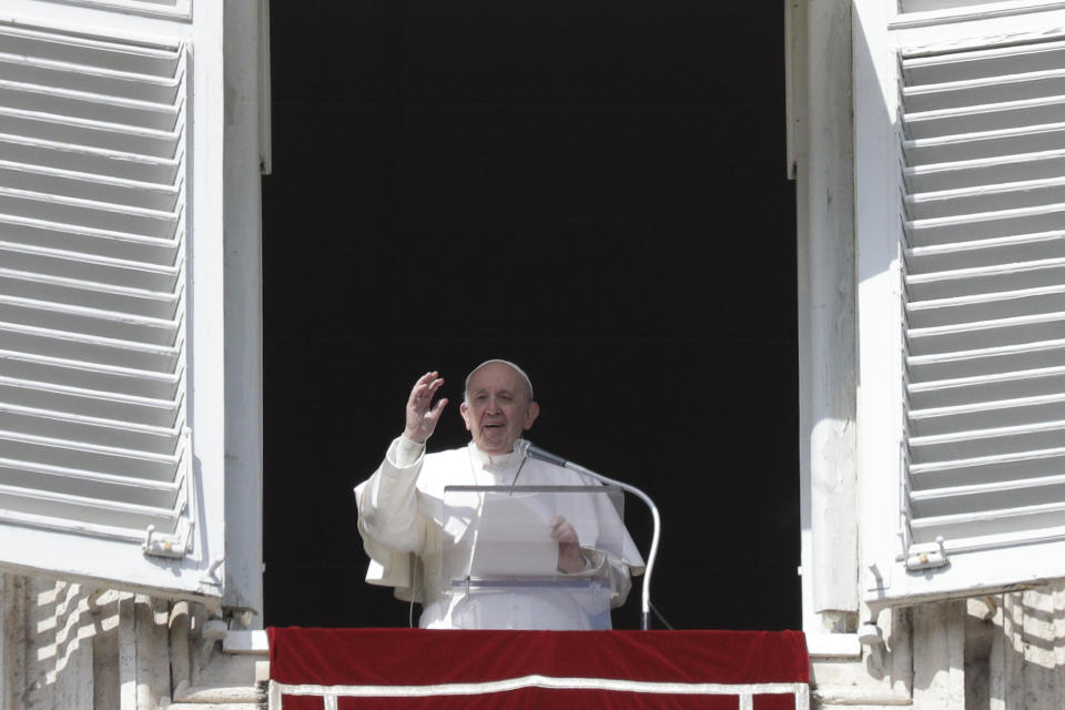 Pope Francis delivers the Angelus noon prayer in St. Peter's Square at the Vatican, Sunday, Feb. 28, 2021. (AP Photo/Gregorio Borgia)