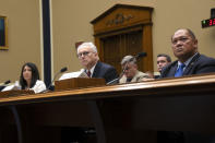 From left, Shelee Kimura, President and Chief Executive Officer of Hawaiian Electric, Mark Glick, Chief Energy Officer of the Hawaii State Energy Office, and Leodoloff Asuncion, Jr., Chairman of the Hawaii Public Utilities Commission, appear before the House Committee on Energy and Commerce on Capitol Hill, Thursday, Sept. 28, 2023, in Washington. (AP Photo/Mark Schiefelbein)