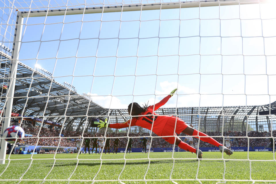 Chiamaka Nnadozie of Nigeria fails to save from Sara Daebritz of Germany, who scores Germany's second goal from a penalty during the 2019 FIFA Women's World Cup France Round Of 16 match between Germany and Nigeria at Stade des Alpes on June 22, 2019 in Grenoble, France. (Photo by Elsa/Getty Images)