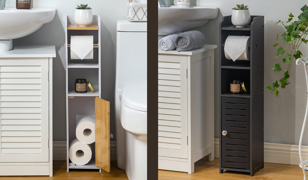 an open bathroom cabinet in white holding toilet paper / a closed bathroom cabinet in black