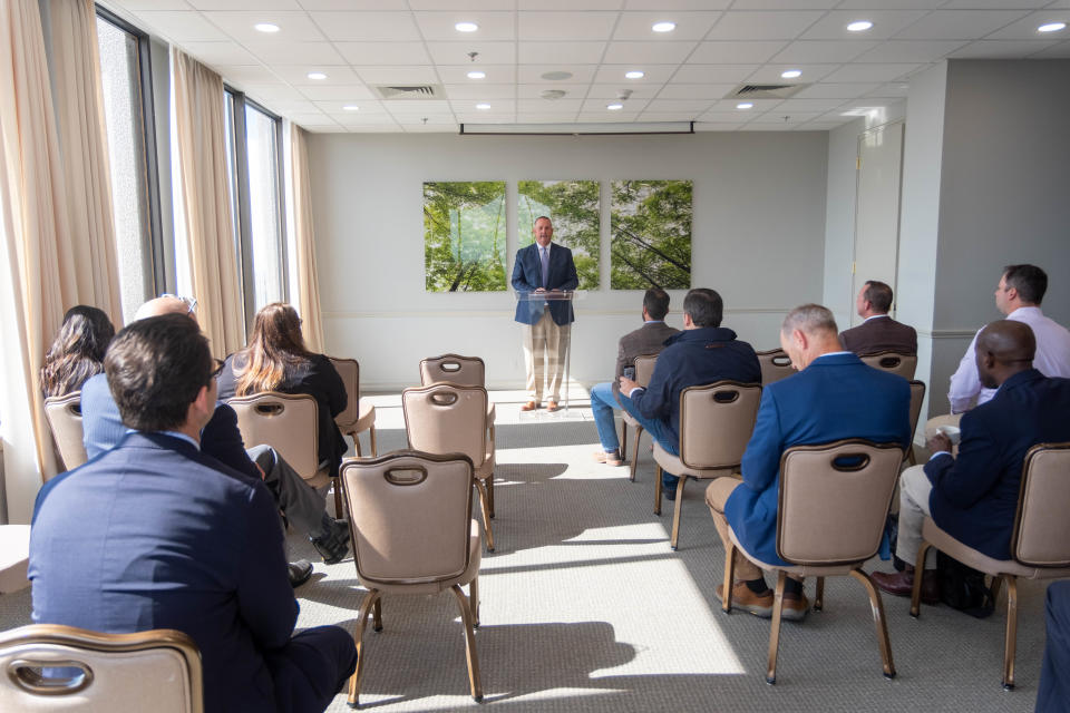 Officials of the city of Amarillo and business leaders get details on the AEDC's new agreement with Albers Aerospace Wednesday in downtown Amarillo.