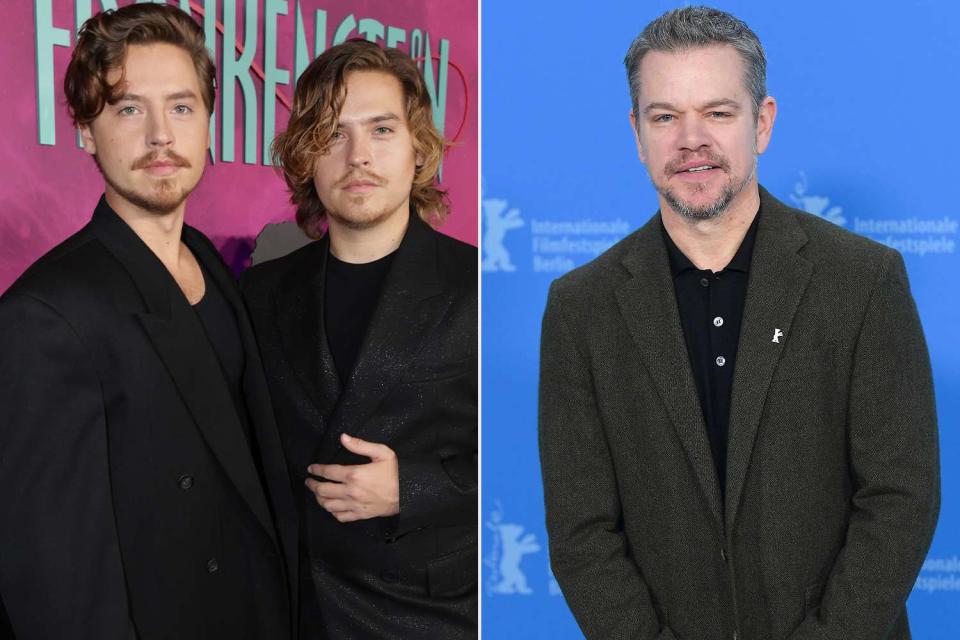 <p>Getty</p> Dylan and Cole Sprouse (left) and Matt Damon