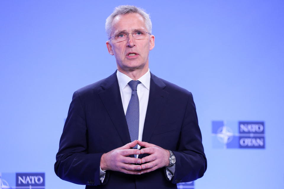 NATO Secretary-General Jens Stoltenberg speaks as he meets with U.S. Secretary of State Antony Blinken (not pictured) at NATO headquarters in Brussels, Belgium April 6, 2022. REUTERS/Evelyn Hockstein/Pool REFILE - CORRECTING ID