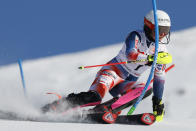 Croatia's Zrinka Ljutic speeds down the course during an alpine ski, women's World Cup slalom, in Are, Sweden, Sunday, March 10, 2024. (AP Photo/Alessandro Trovati)