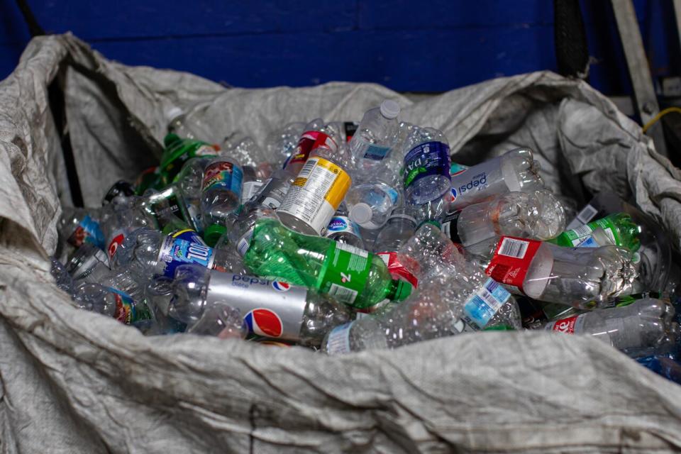 Pile of plastic bottles inside a recycling depot in Vancouver on Thursday, October 24, 2019.