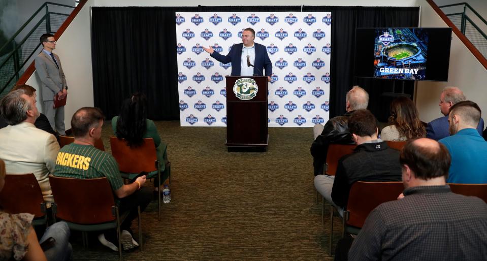 Discover Green Bay president and CEO Brad Toll speaks during a press conference on May 24, 2023, following the announcement that the 2025 NFL Draft will be held in and around Lambeau Field.