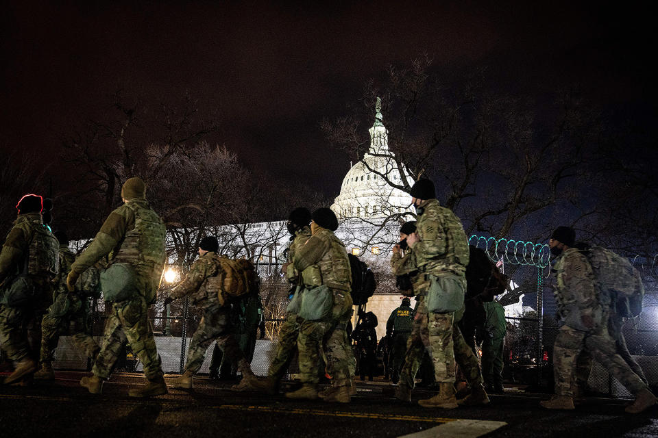 <p>National Guard members keep watch outside the U.S. Capitol on Wednesday morning. </p>