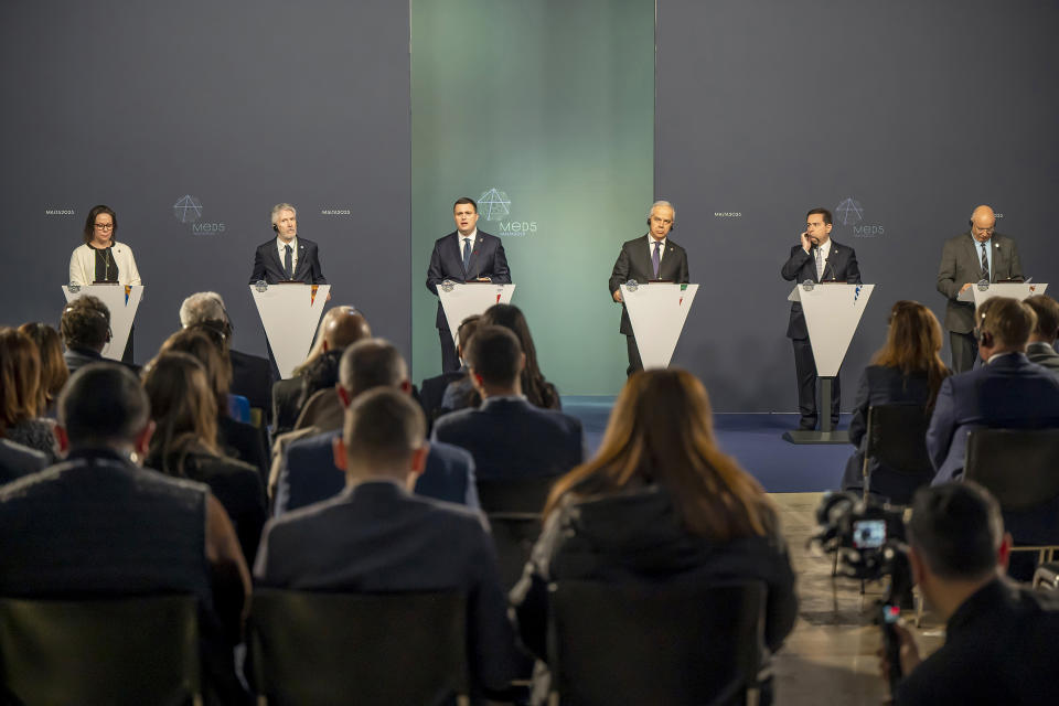 From left, Sweden's Ministry of Justice Maria Malmer Stenergard, Spain's Interior Minister Fernando Grande-Marlaska, Minister for Home Affairs and Security of Malta Byron Camilleri, Italy's Interior Minister Matteo Piantedosi, Greece's Minister of Migration Notis Mitarachi, and Ministry of Interior of the Republic of Cyprus Costas Constantinou hold a press conference at the MED 5 conference held in Valletta, Malta, Saturday, March 4, 2023. (AP Photo/Rene Rossignaud)