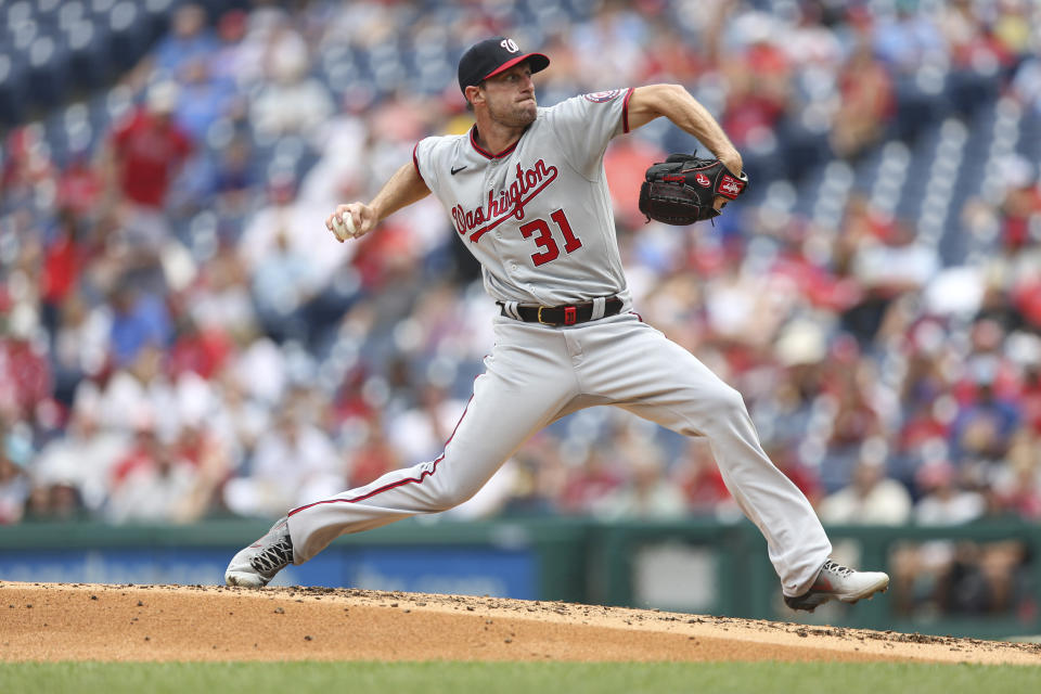 PHILADELPHIA, PA - JULY 29:   Max Scherzer #31 of the Washington Nationals pitches during Game One of the doubleheader between the Washington Nationals and the Philadelphia Phillies at Citizens Bank Park on Thursday, July 29, 2021 in Philadelphia, Pennsylvania. (Photo by Rob Tringali/MLB Photos via Getty Images)