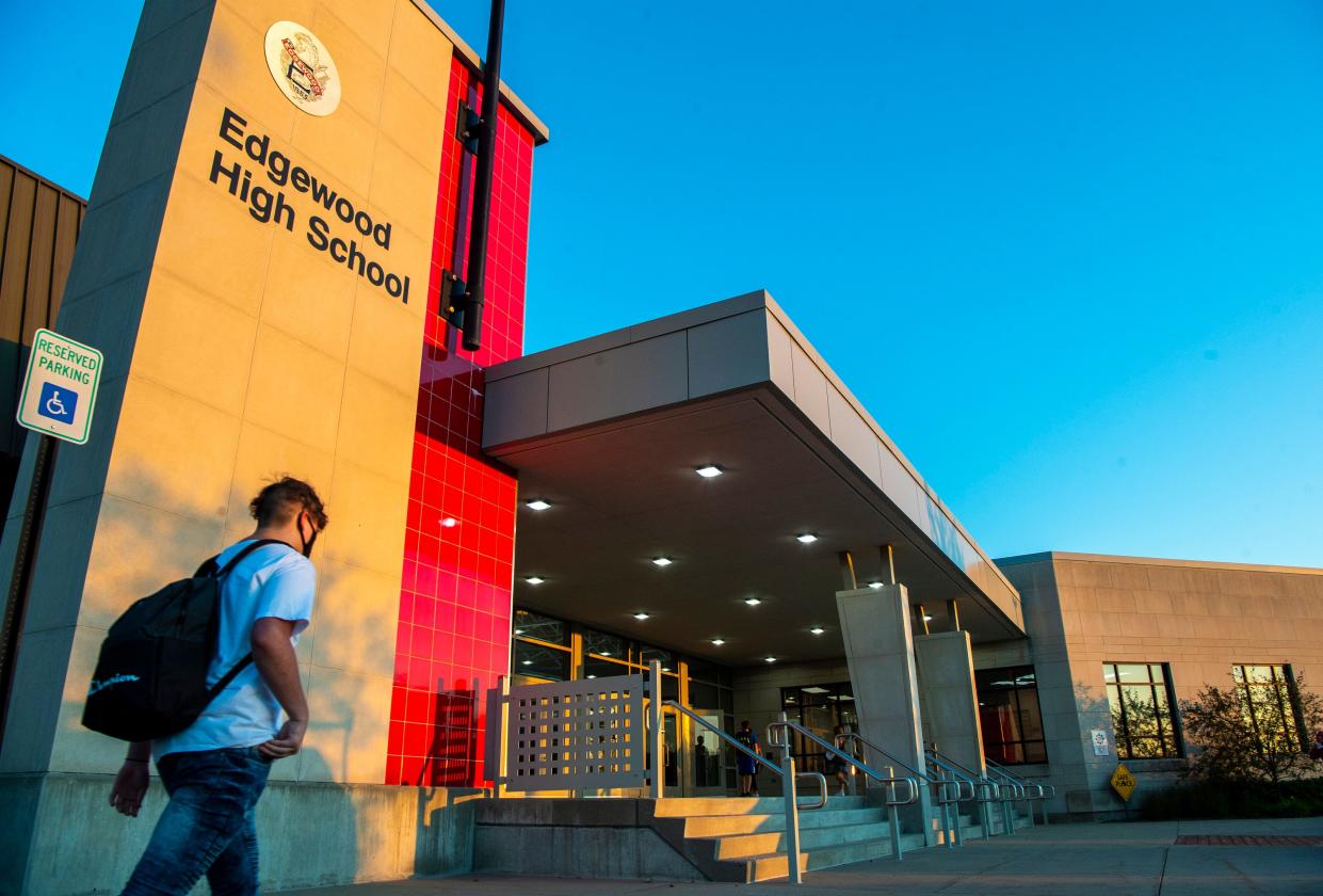 A student heads into Edgewood High School in August 2020 for the first day of classes. (Rich Janzaru /Herald-Times)