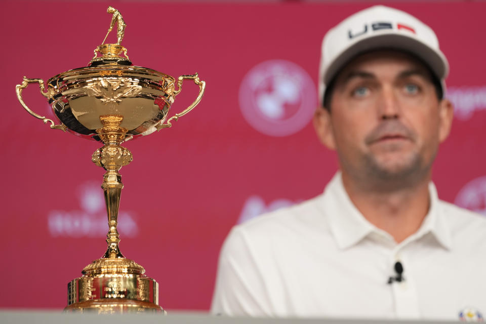 Keegan Bradley participates in a news conference in New York, Tuesday, July 9, 2024. Bradley was introduced as the U.S. Ryder Cup captain for 2025. (AP Photo/Seth Wenig)