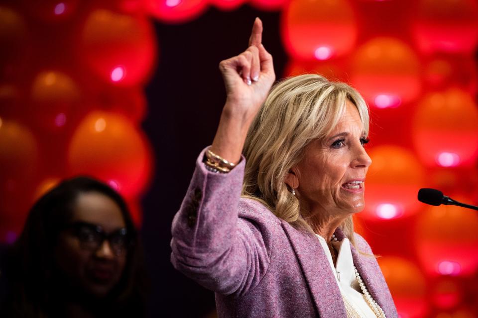 First lady Jill Biden speaks during an event at the University of Tennessee at Knoxville celebrating Tennessee's Grow Your Own Initiative, a teacher apprenticeship program.