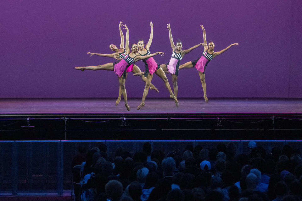 Dancers with Dance Theatre of Harlem perform "Nyman String Quartet No. 2" by Robert Garland during the BAAND Together Dance Festival, Tuesday, July 25, 2023, at Lincoln Center in New York. (AP Photo/Mary Altaffer)