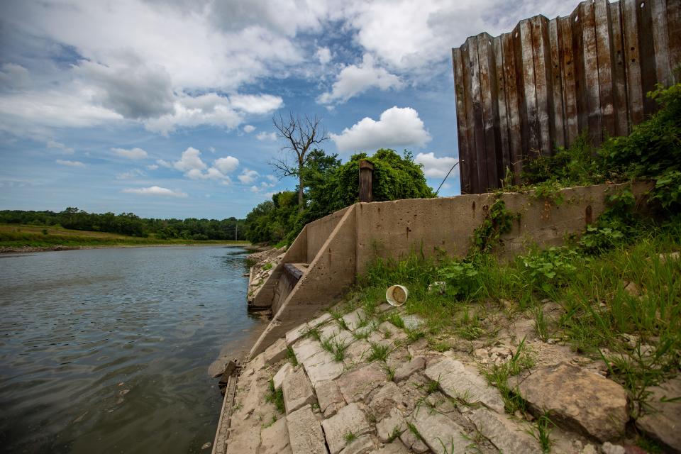 Summer droughts repeatedly have dropped water levels at the Des Moines Water Works water intake on the Raccoon River, seen here in July 2020.