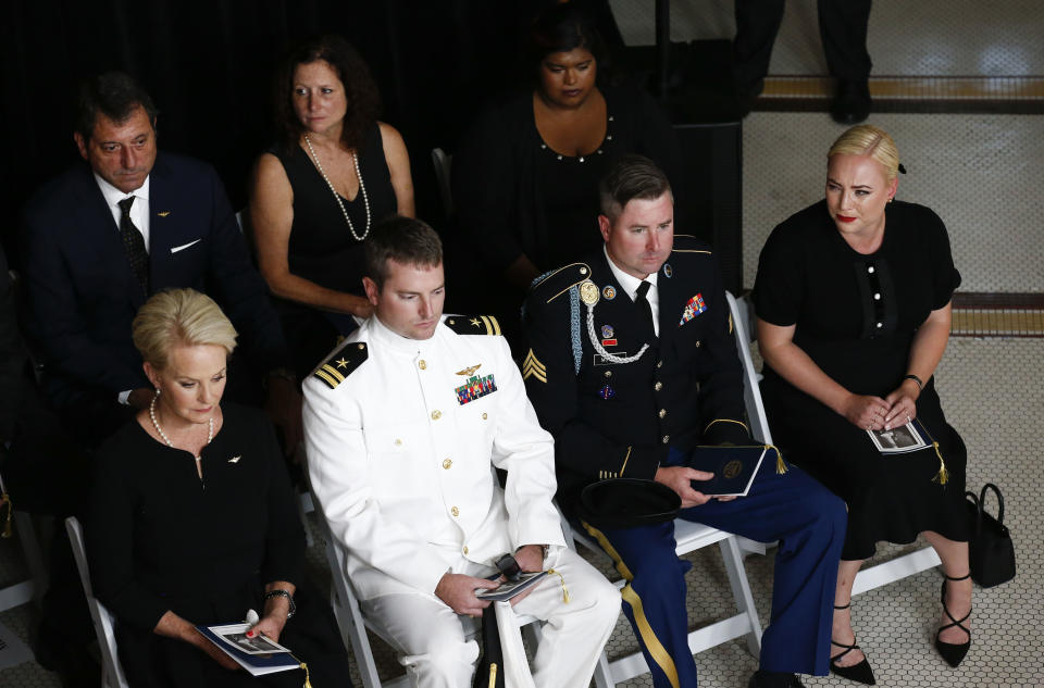 (Front row, from left) Cindy McCain and her children Jack, Jimmy, Meghan and (second row, far right) Bridget McCain&nbsp; (Photo: ROSS D. FRANKLIN / Getty Images)