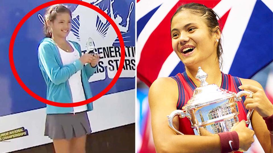 Emma Raducanu (pictured left) during a junior championship and (pictured right) holding the US Open trophy.