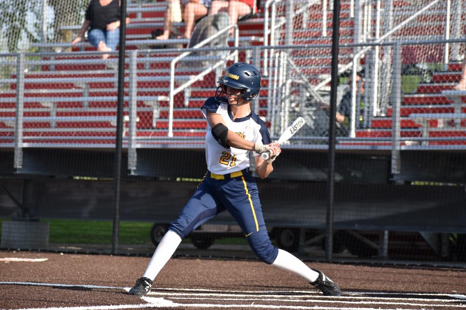 Mooresville's Zoe Kugelman swings at a pitch during the Pioneers' game with Center Grove on May 12, 2022.