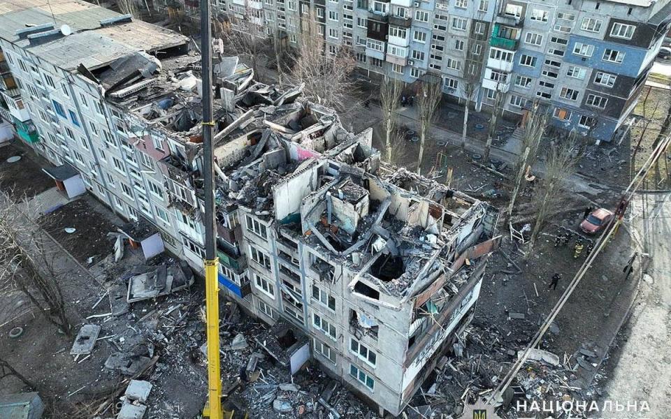 Apartment building hit by a Russian missile strike, in the town of Myrnohrad, Donetsk region