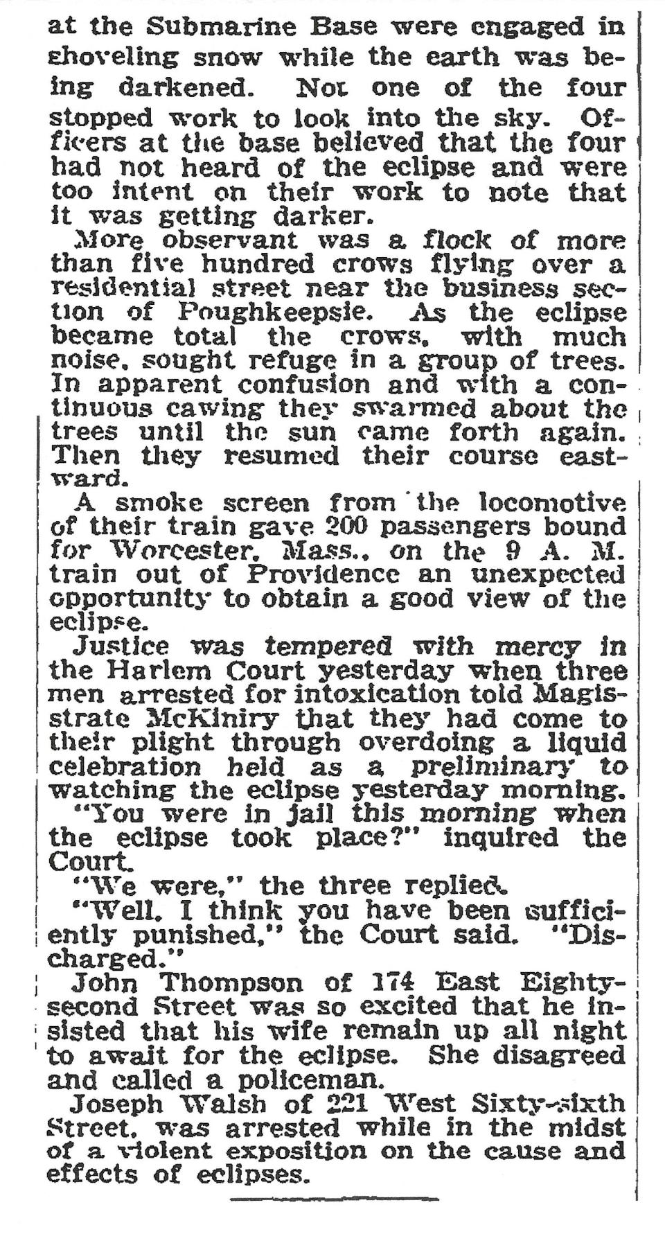 A snippet from the New York Times detailing the arrest of three men during the eclipse celebrations.