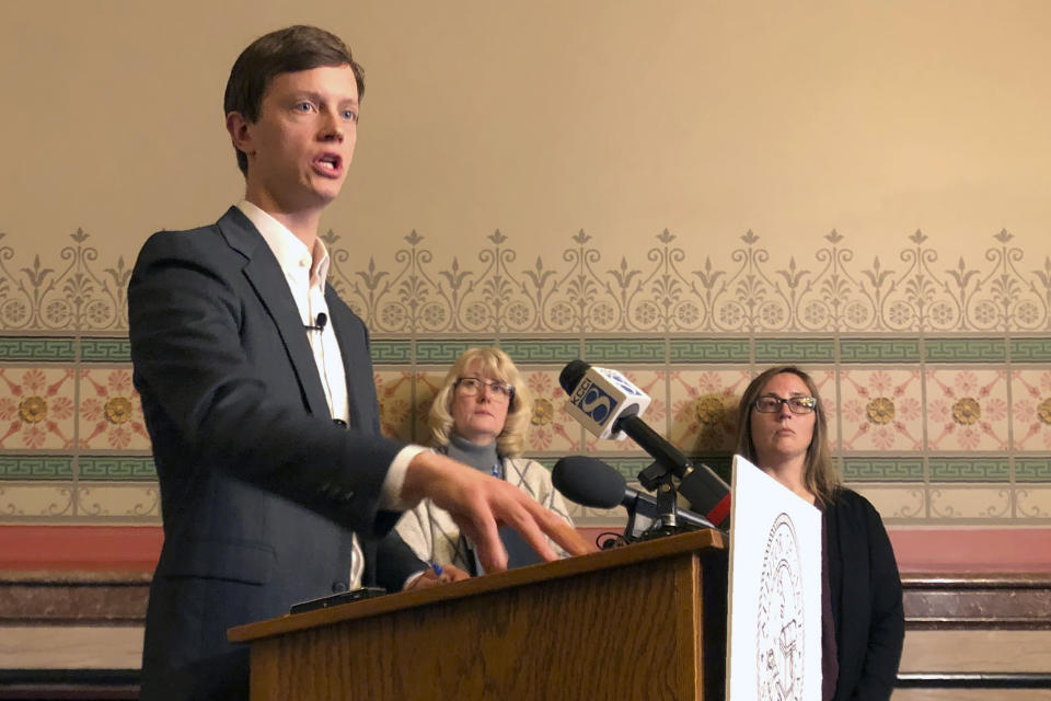 FILE - Iowa Auditor Rob Sand speaks during a news conference at the Iowa Capitol, Thursday, Jan. 9, 2020. Sand, on Tuesday, March 1, 2022, again called for Gov. Kim Reynolds to return nearly $450,000 in federal coronavirus relief funds that were used to pay for 21 governor's office staff members for three months in 2020. (AP Photo/David Pitt, File)