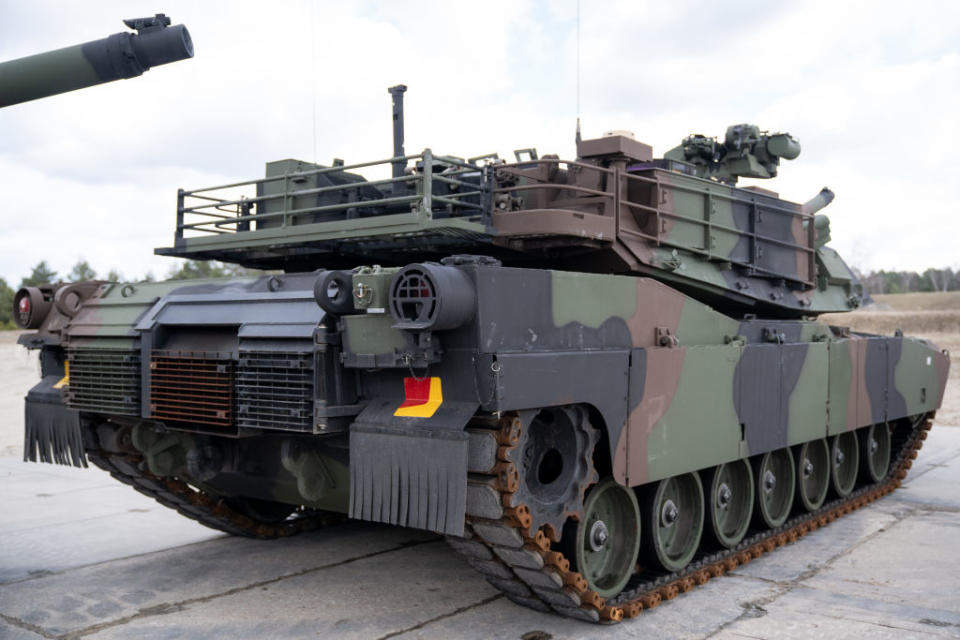 American Abrams tanks are presented during a ceremony tied to the purchase of 250 Abrams tanks for the Polish Army near Warsaw, Poland on April 5, 2022<span class="copyright">Mateusz Wlodarczyk—NurPhoto/Getty Images</span>