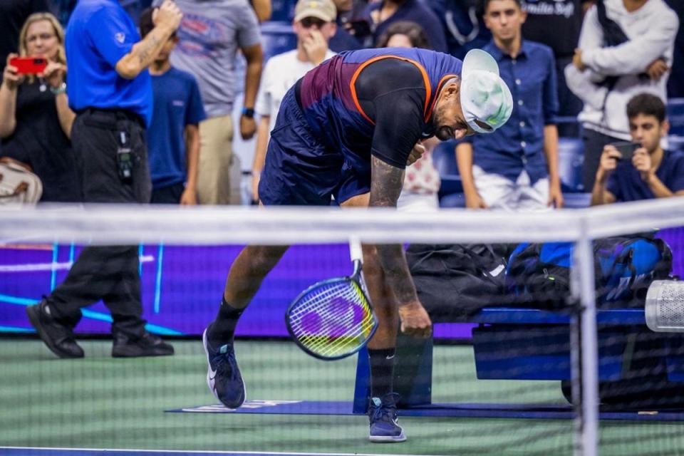 Nick Kyrgios broke two rackets after his quarter-final defeat (AFP via Getty Images)