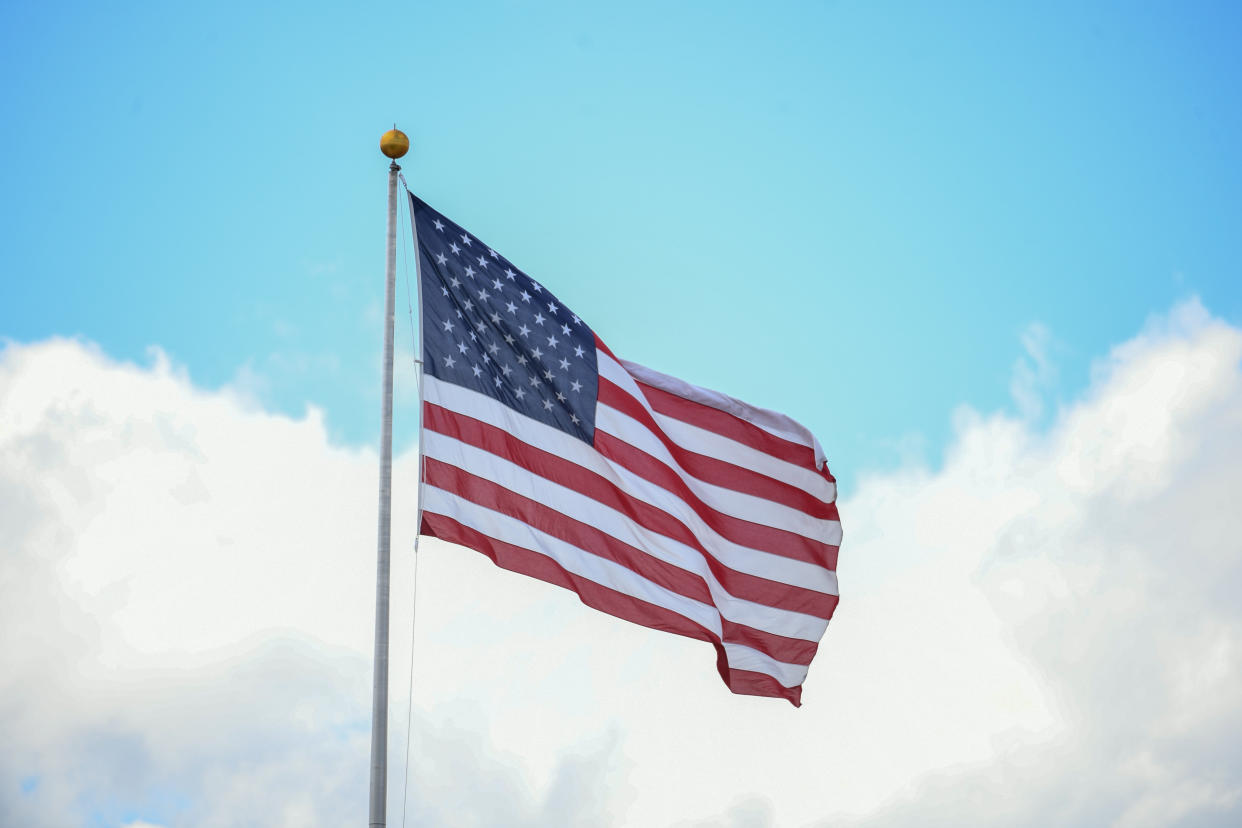 CHESTNUT HILL, MA - MARCH 16: A United States of America flag blows in the wind during a women's college lacrosse game between the Notre Dame Fighting Irish and the Boston College Eagles on March 16, 2024 at Alumni Stadium in Chestnut Hill, MA. (Photo by Erica Denhoff/Icon Sportswire via Getty Images)