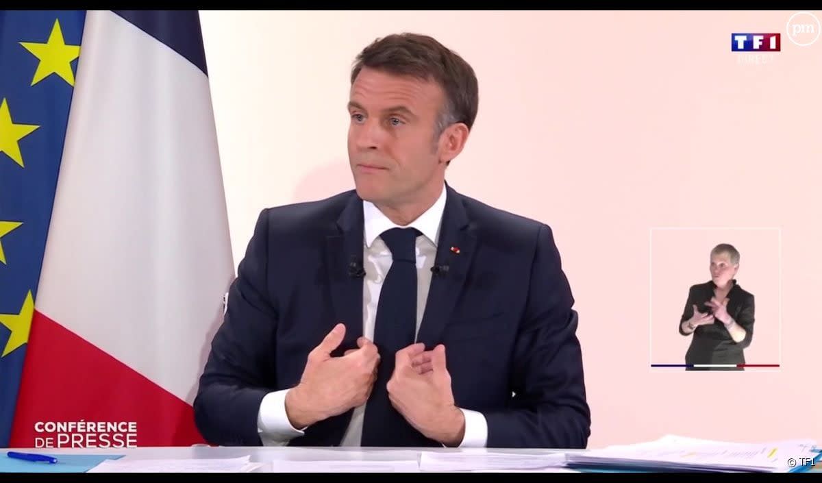 TF1, France 2, BFMTV, CNews, LCI et Franceinfo ont retransmis la conférence de presse d'Emmanuel Macron ce mardi 16 janvier 2024. - TF1