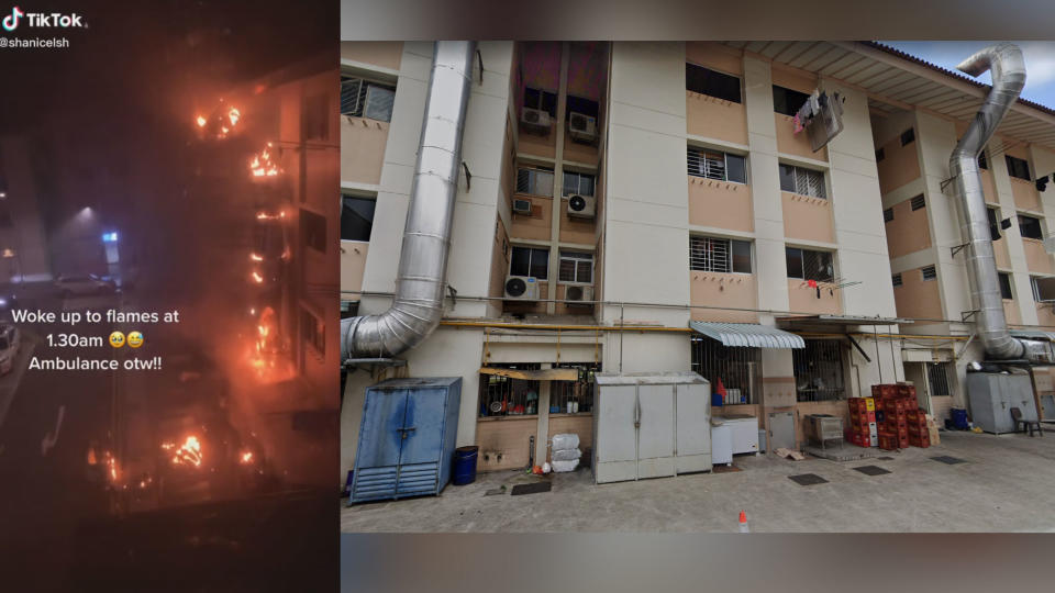 The fire as seen in a video on TikTok and the coffee shop at Serangoon Central Drive viewed in Google Street View (Screenshots: TikTok user shanicelsh and Google Street View)