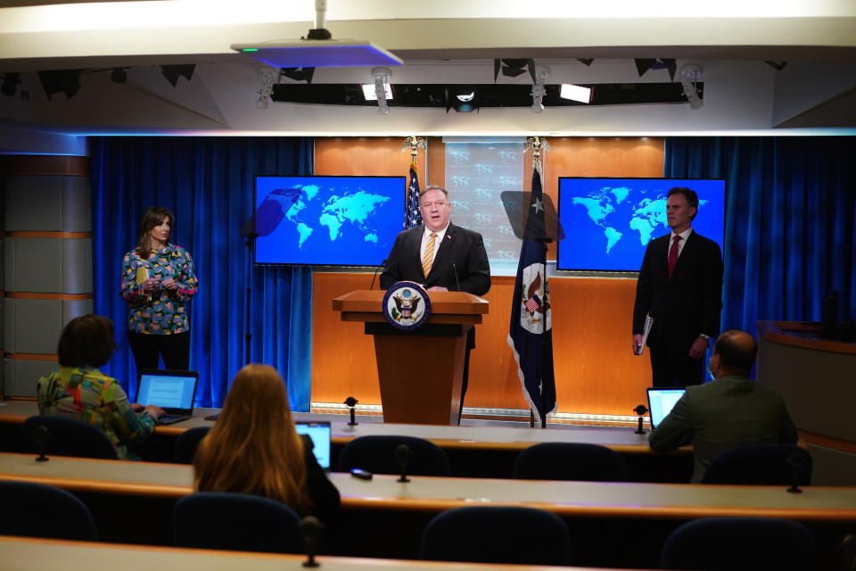 Secretary of State Mike Pompeo speaks during a press conference at the State Department, Wednesday, June 24, 2020 in Washington, as State Department spokeswoman Morgan Ortagus, left, and State Department Coordinator for Counterterrorism, Ambassador Nathan Sales, right, look on. (Mandel Ngan/Pool via AP)