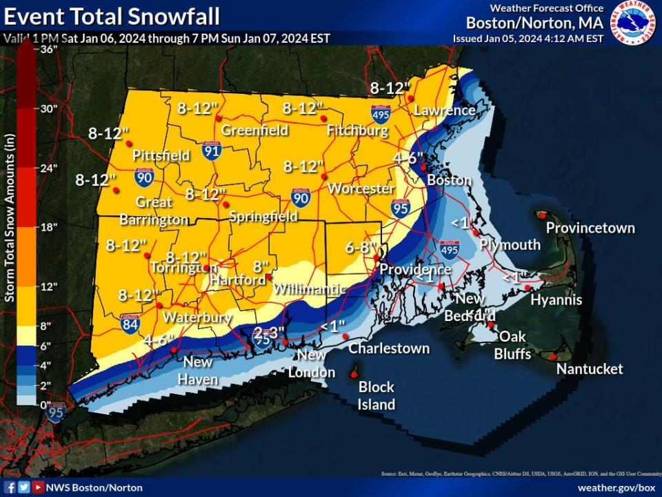 Forecasted snow totals in Boston and surrounding areas for Saturday, Jan. 6, 2024 to Sunday Jan. 7, 2024. Forecast valid as of early Friday, Jan. 5, 2024.