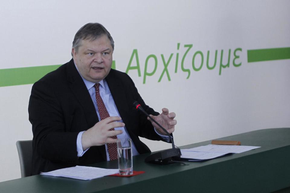 Greek Finance Minister Evangelos Venizelos speaks during a news conference in Athens, on Thursday, March 15, 2012. Venizelos said that he will ensure the country's commitments to international creditors are honored if he is part of the new government after general elections, expected in late April or early May.Venizelos is the only contender for the leadership of the majority socialist PASOK party in a vote this Sunday. Once he takes over the party helm, he will resign as minister to focus on the election campaign. The logo at rear reads 'We begin". (AP Photo/Petros Giannakouris)