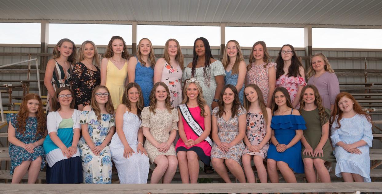 The Junior Miss and Miss Henry County Fair pageant will be at 7 p.m. Wednesday, June 15, in the grandstand at the fairgrounds in Cambridge. Junior Miss contestants are, front row, from left: Vivienne York, Violet Runty, Essie York, Tessa Courtright, Emma Motley, 2021 Junior Miss Bella VanOpdorp, Mollie Parr, Makayla Bros, Millie Dzekunskas, Ida Rowold and Bia York. Back row: Ella Shannon, Lilly Thompson, Maddie Wells, Cora Gorman, Annabelle Ropp, Karen Lester, Camryn Ebert, Claire DeGrave, Haley Rubitsky and Emma Knudtson.