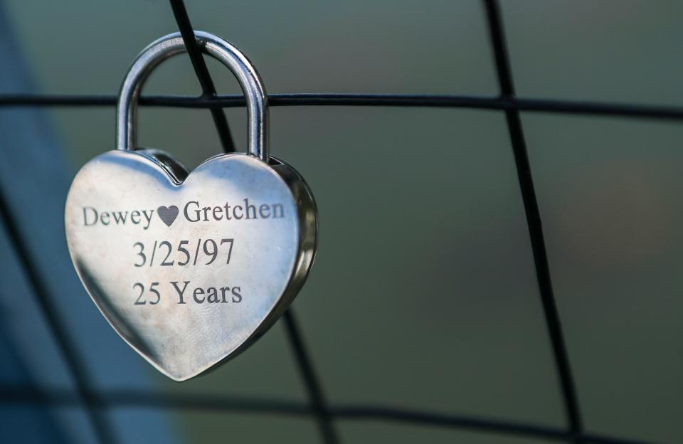 Joe Huber's Family Farm and Restaurant has a Love Lock Bridge outside the popular eatery in Starlight, Ind. People can bring a lock or buy one to lock onto the fencing, which overlooks a small lake.